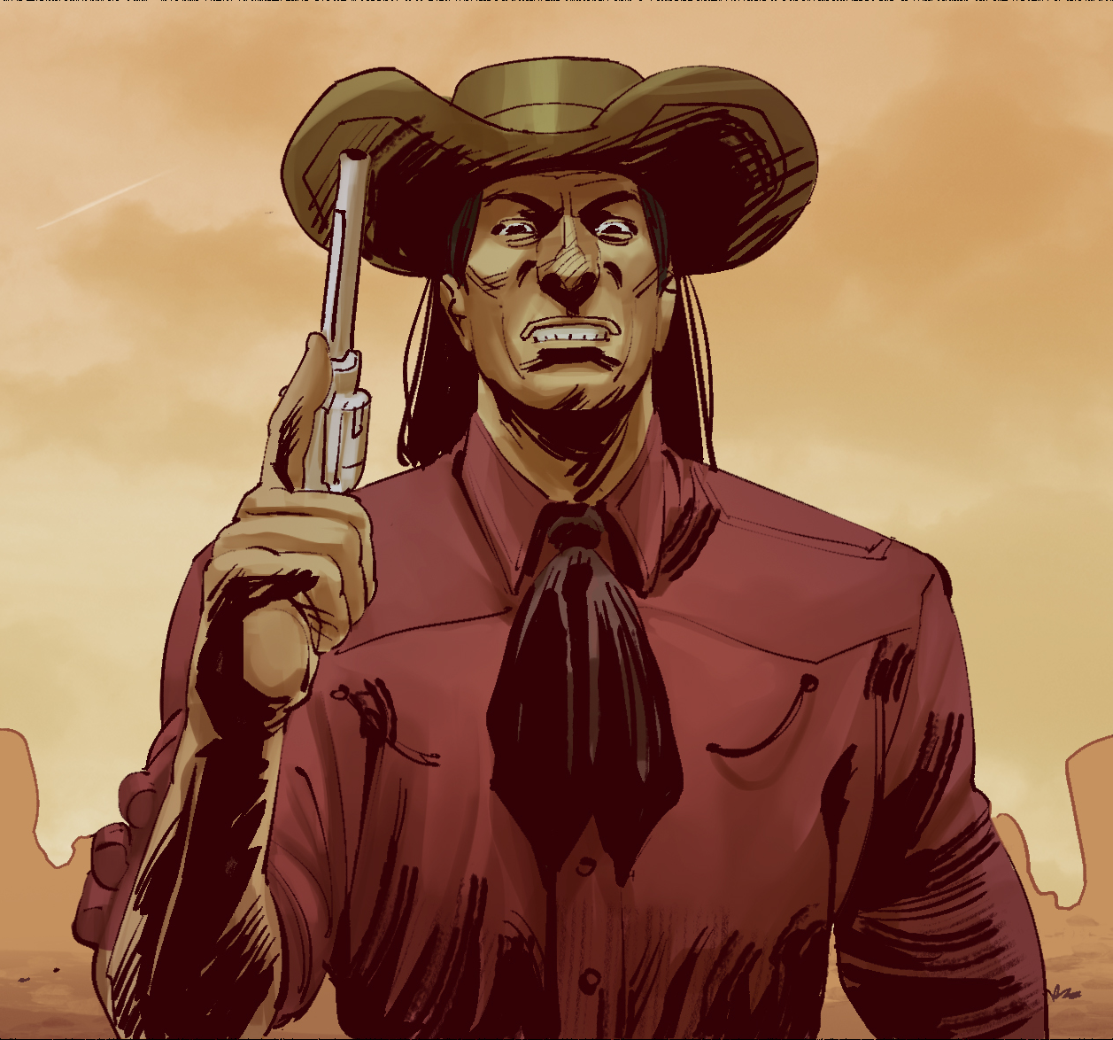 A stylized drawing of a sheriff with a stern expression, wearing a cowboy hat and a sheriff's outfit, holding a gun to his temple, with a desert background.