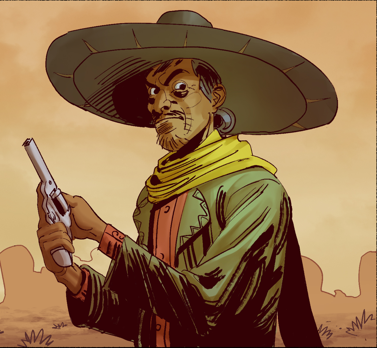 Stylized illustration of a cowboy holding a revolver with a wide-brimmed hat, yellow scarf, and rugged clothing, in a desert landscape. Character is from Cabarka The Sandshooter