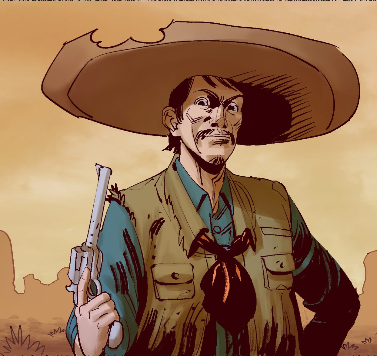 A man wearing a large cowboy hat and a vest with a gun in his hand, standing outdoors in a desert-like setting. Character is from Cabarka The Sandshooter