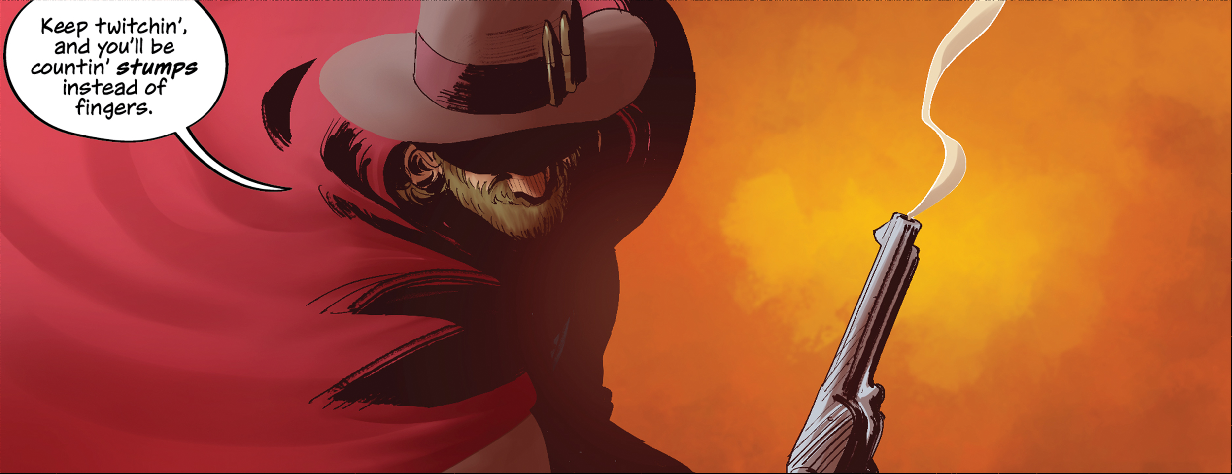Comic-style illustration of a man in a cowboy hat with a beard, holding a smoking revolver. The man is wearing a red cape and appears to be in a western or outlaw setting. The speech bubble says, 'Keep twitchin', and you'll be countin' stumps instead of fingers.'