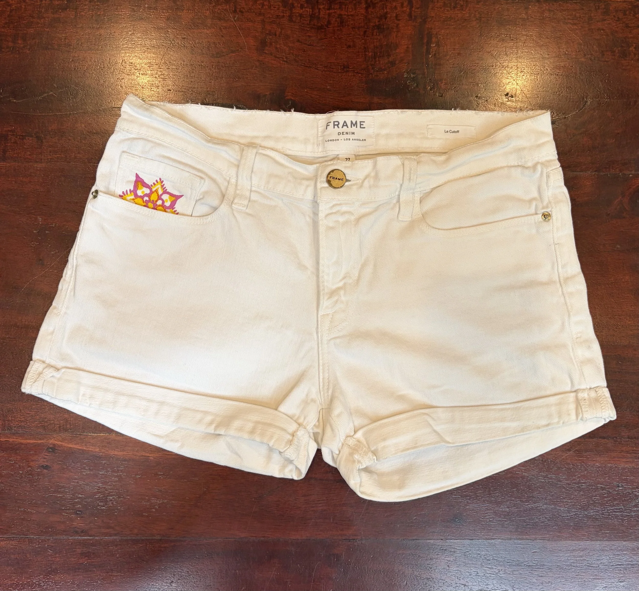 White Jean Shorts with Pink and Yellow Mandalas