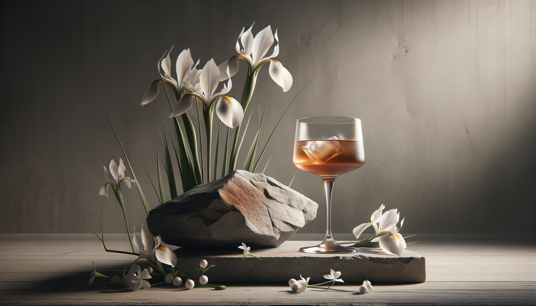 A still life arrangement featuring white irises, a glass of rosé wine with ice, a large rock, and a textured grey wall background.