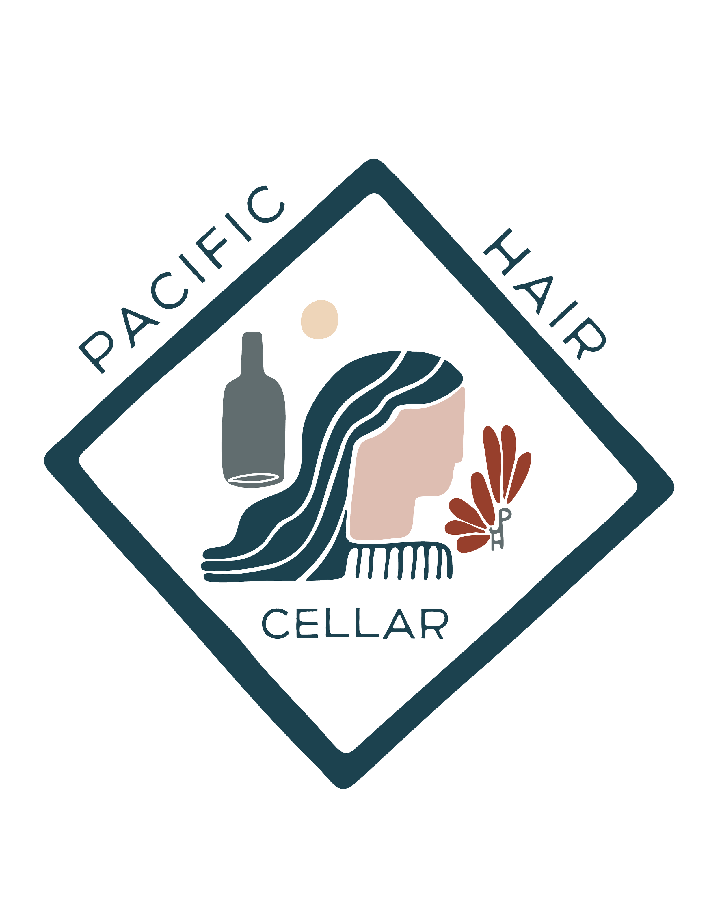 Logo for Pacific Hair Cellar featuring a woman with wavy hair, a hairbrush, a bottle, a sun, and a butterfly, with the text 'Pacific Hair Cellar'.