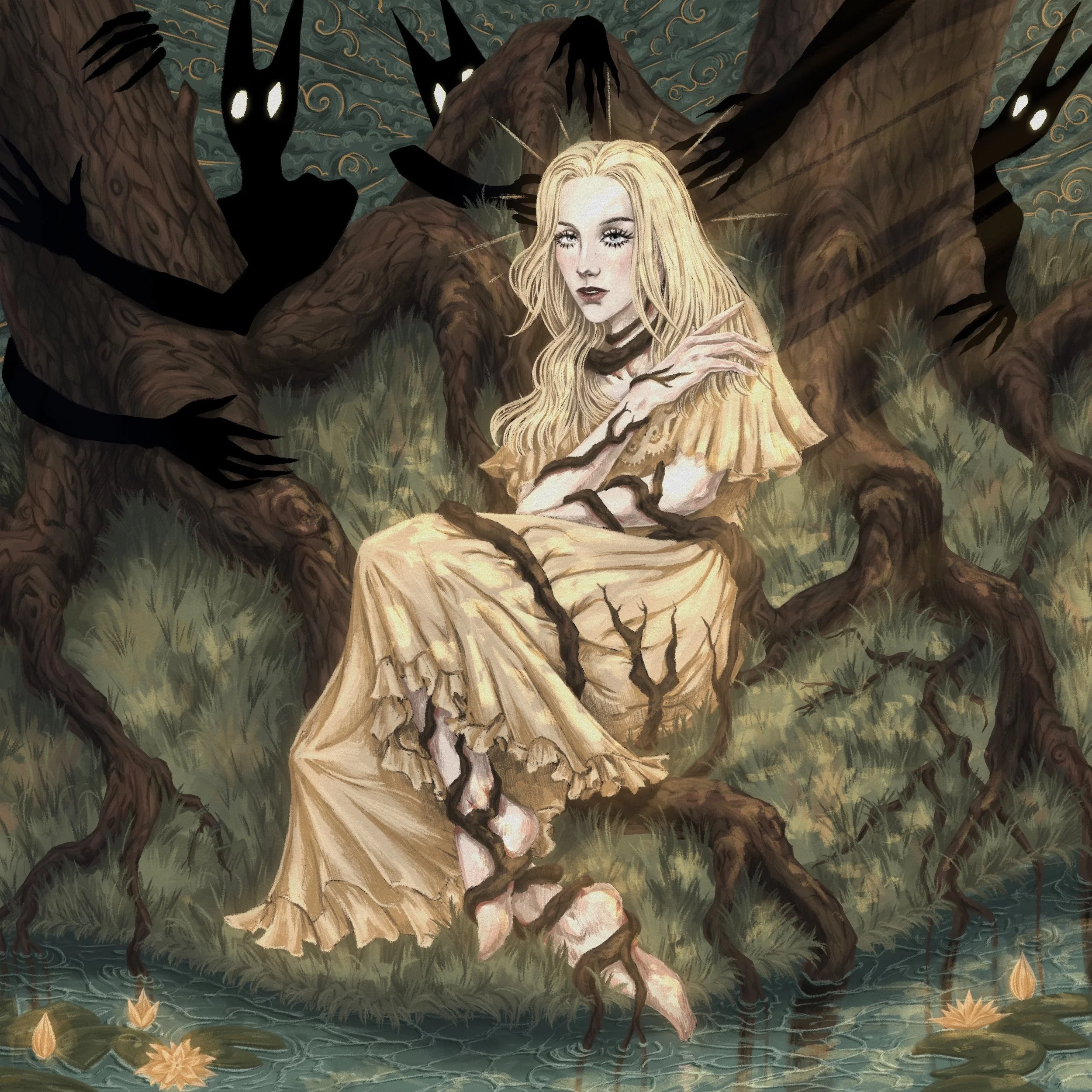 A young blonde woman with long hair sitting on the ground surrounded by twisted tree roots. Dark shadowy figures with glowing eyes and elongated hands are reaching towards the woman from behind, set in a mystical forest scene.