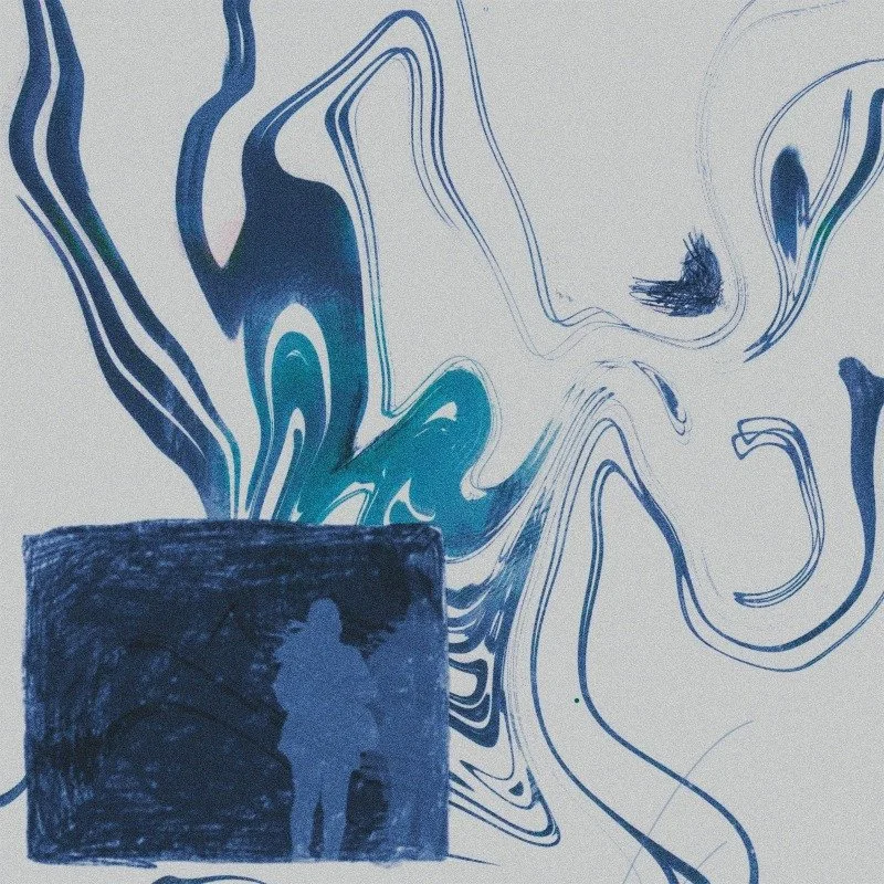 Abstract image with blue and teal swirling lines and shapes on a light background, featuring a fading silhouette of a person standing on a dark block in the lower left corner.