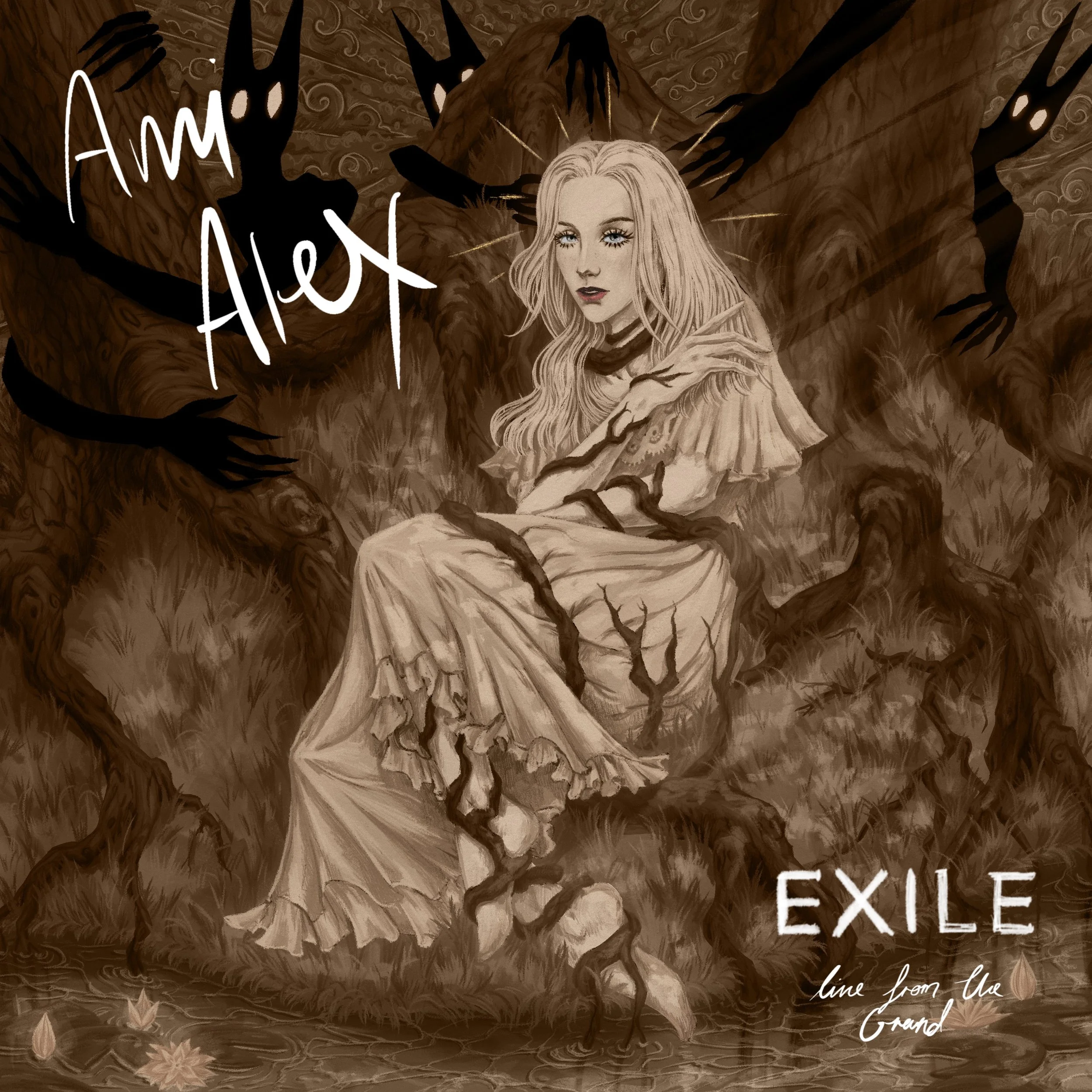 A digital illustration of a young woman with long flowing hair sitting among twisted tree roots and branches in a forest, with dark shadowy figures reaching towards her and the words 'Amy Alex' and 'EXILE line from the ground' written on the image.