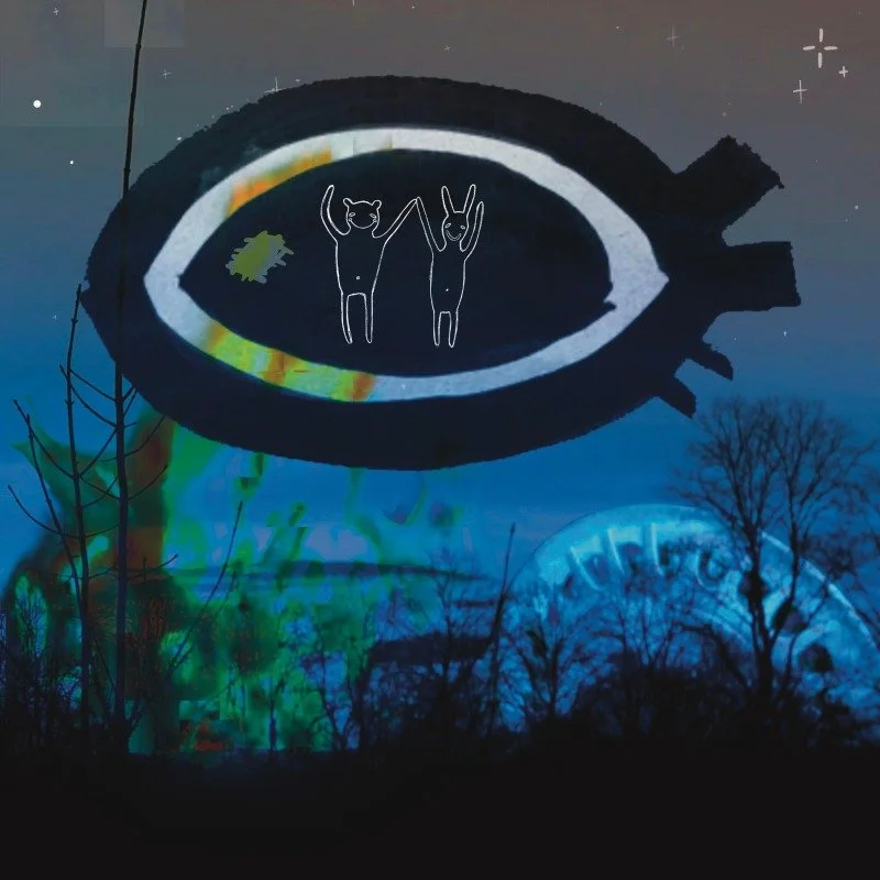 A nighttime outdoor scene with a large painted eye on a surface. Inside the eye, there are two simple line drawings of cats raising their paws, holding hands. The background features a dark sky with stars, trees, and a faint rainbow or colorful light