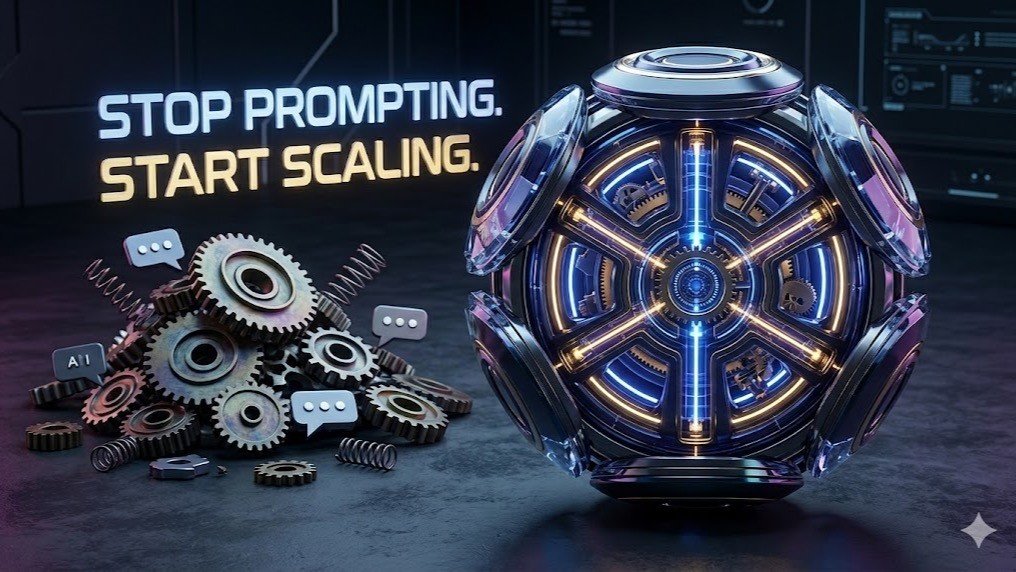 Futuristic metal gears and cogs next to a glowing geometric sphere with digital interface background, with text reading 'Stop promptings. Start scaling.'