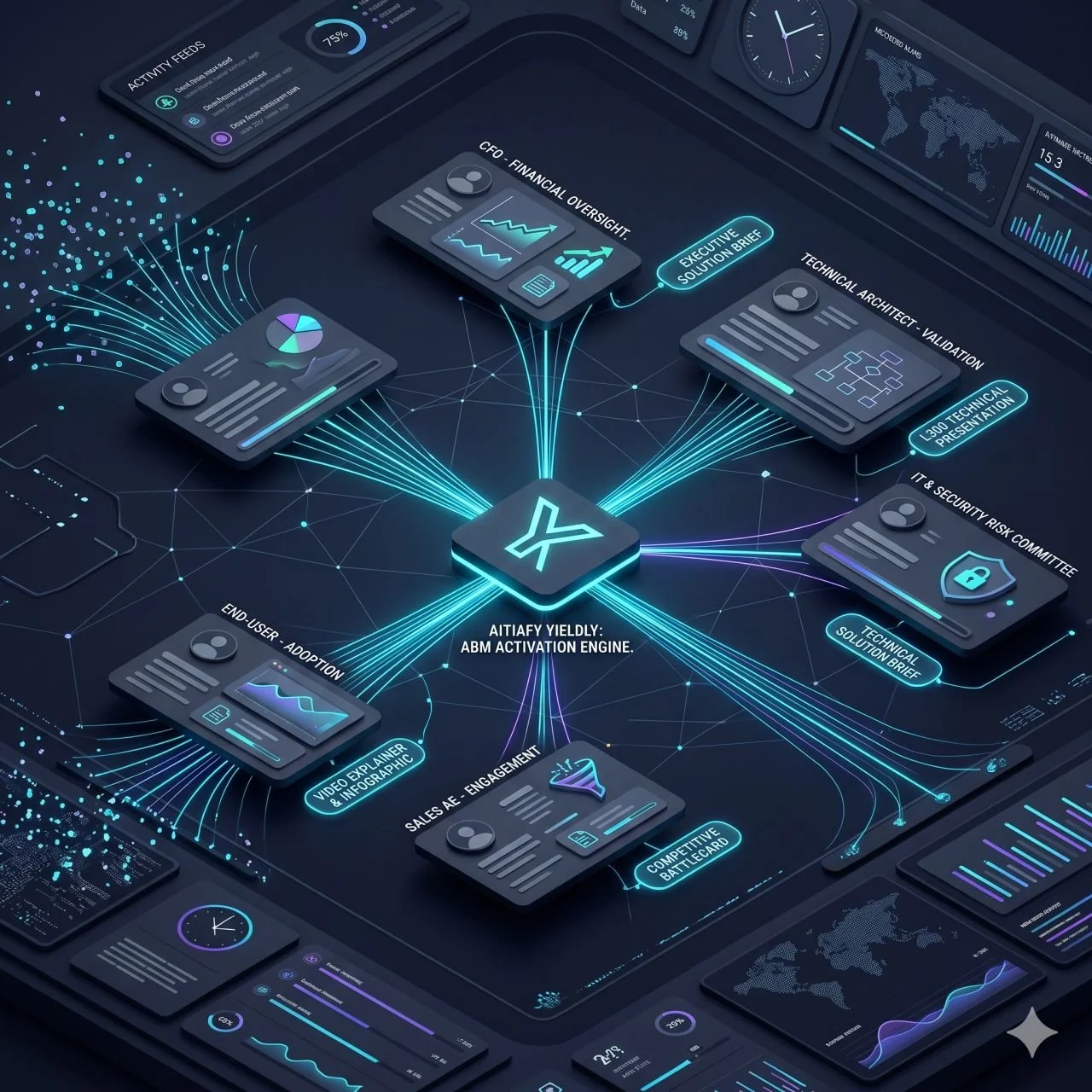 Digital dashboard with interconnected data visualization cards, charts, and graphs centered around a Y-shaped AI activation engine labeled "AITAY YIELDLY: ABM ACTIVATION ENGINE." The dashboard displays various technical, financial, and user engagement metrics, with elements like world maps, clocks, and security icons, using a blue and black futuristic theme.
