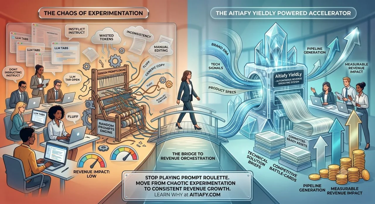 Infographic comparing chaotic experimentation process with AI-driven revenue acceleration. Left side depicts a chaotic, manual prompt engine with inconsistent outputs and low revenue impact. Right side shows a streamlined AI-based system generating pipelines, assets, and measurable revenue impact, with people collaborating. Central bridge connects experimentation to revenue orchestration.
