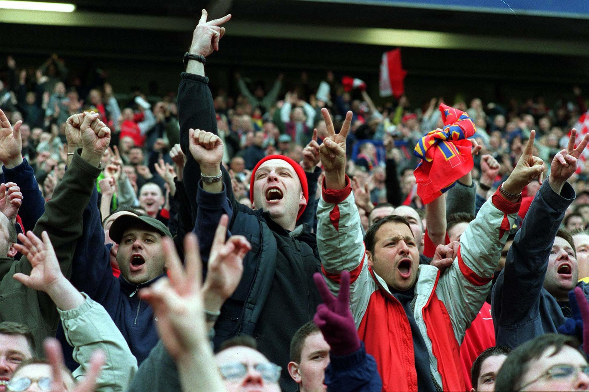F.A. Cup semi final. Old Trafford.
Arsenal - Tottenham Hotspur.
Arsenal fans taunt Spurs fans.
