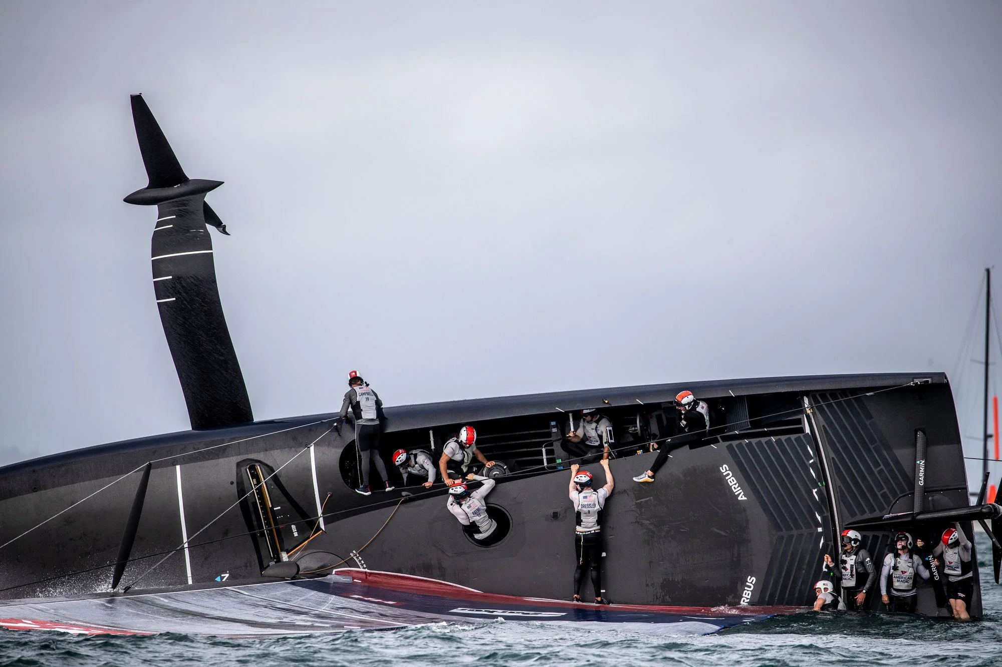 The 36th America’s Cup. The Prada Cup.
American Magic capsize whilst racing Luna Rossa.
Photograph by Michael Craig