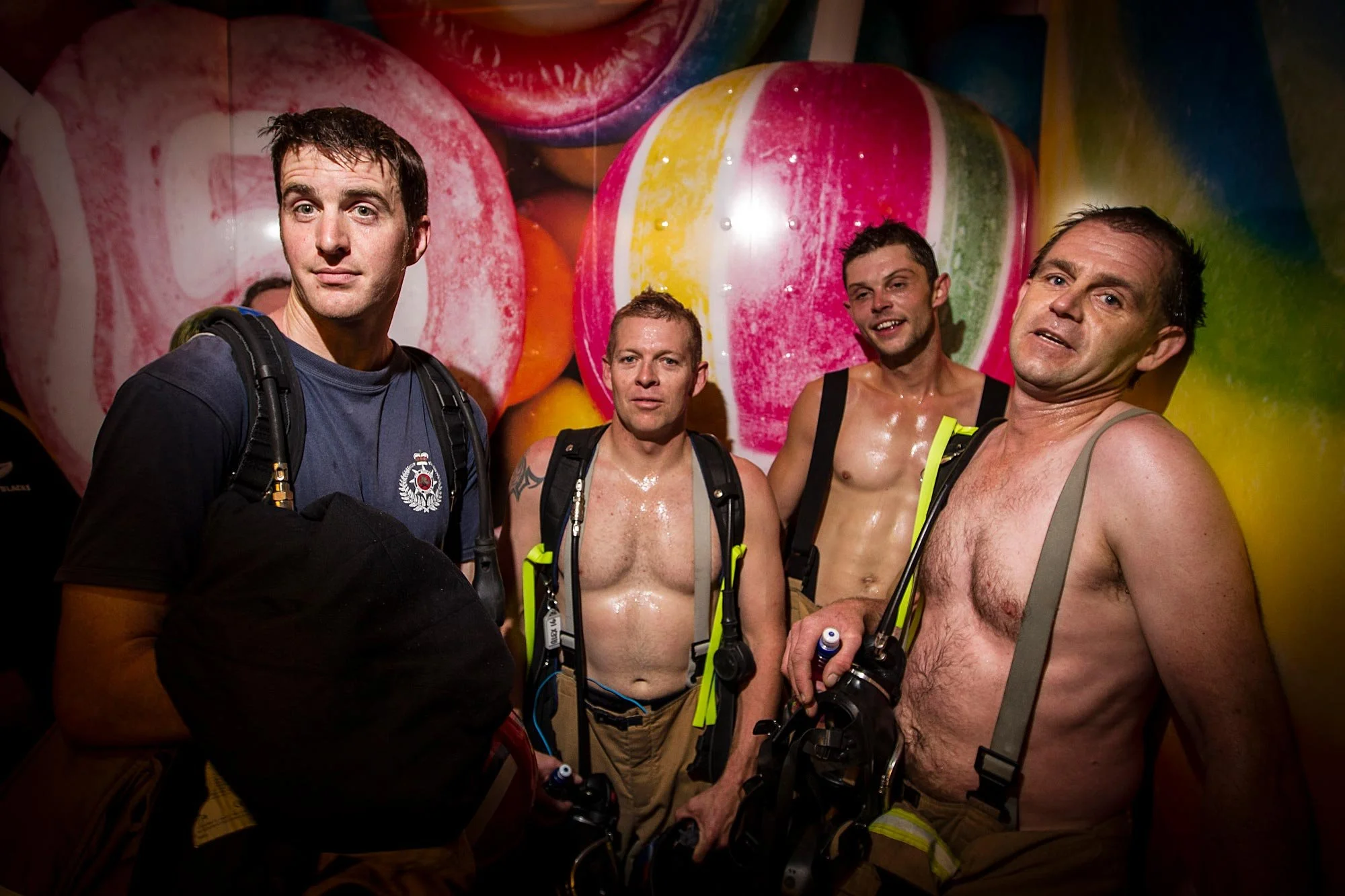 Firefighter Sky Tower Stair Challenge 2014. Firefighters l to r Alistair Leitch, Glen Thurston, Jimmy Connoloy and Mark Hutton catch the lift down after finishing.
Photograph by Michael Craig