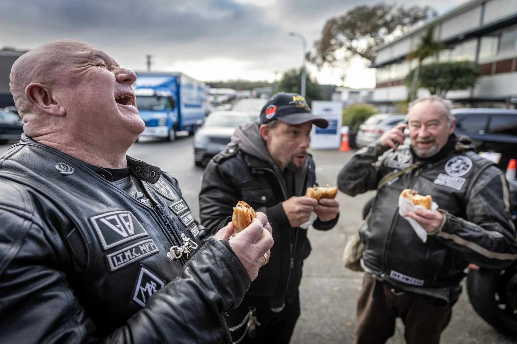 Bakels NZ Supreme Pie Awards Judging Day.
Steve Crow of the Iron Thunder motorcycle club enjoys a pie.
Photograph by Michael Craig