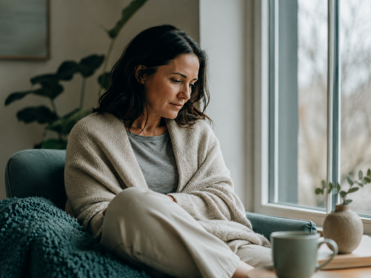 Adult sitting quietly by a window wrapped in a blanket, representing the quiet heaviness of depression and the possibility of treatment