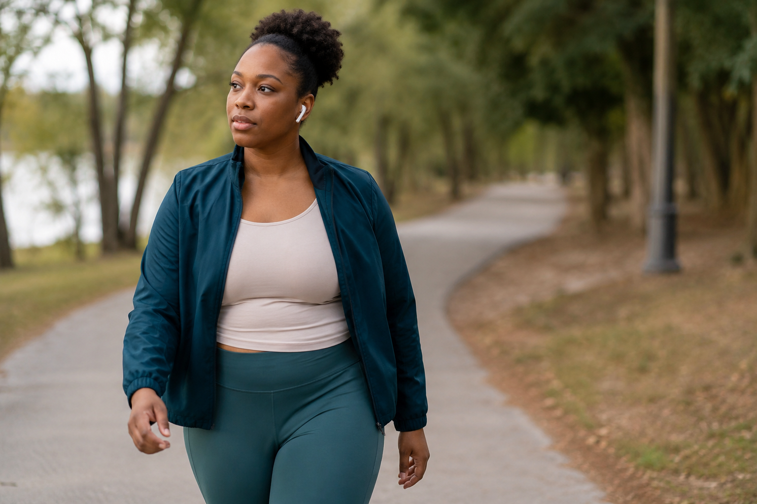 Adult walking outdoors in natural light, representing non-medication approaches to anxiety treatment like exercise and stress management
