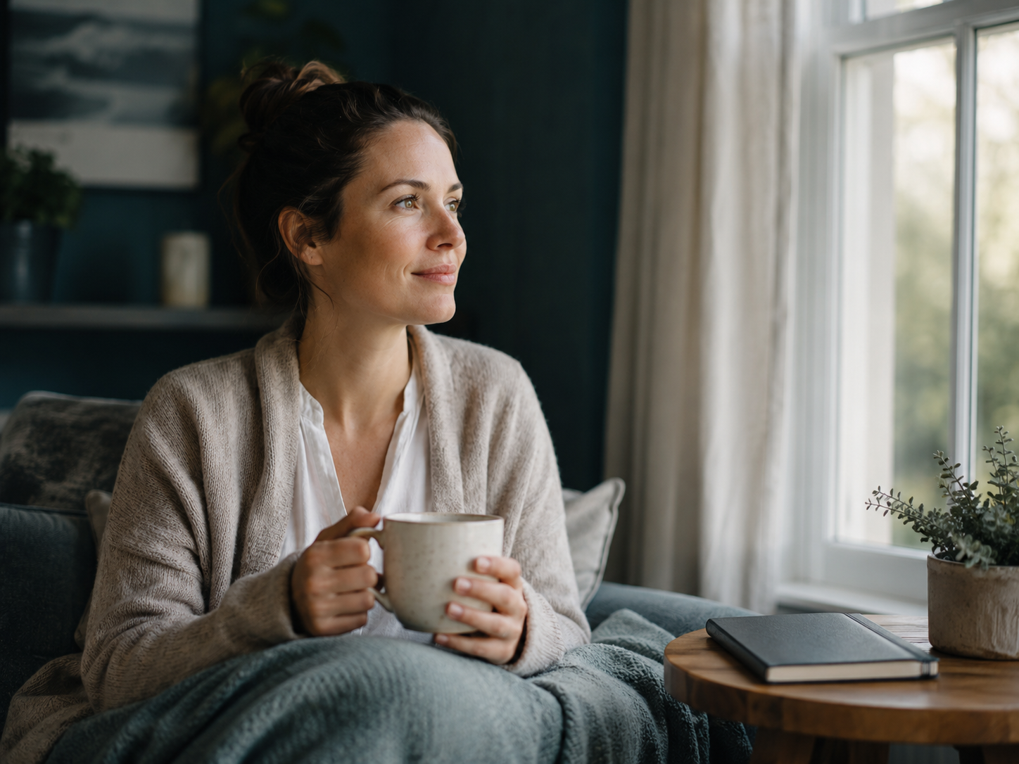 Adult sitting calmly by a window with a warm drink, reflecting with a sense of relief — representing the clarity that comes after an adult ADHD evaluation