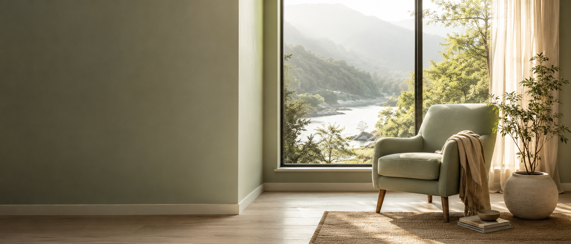 Sunlit room with natural light and a quiet landscape view, representing whole-person functional and integrative psychiatric care