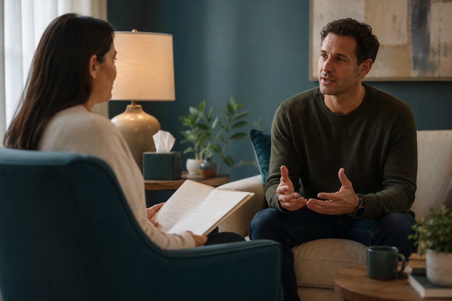 Provider and patient reviewing medication history together, representing the comprehensive intake evaluation that begins the deprescribing process