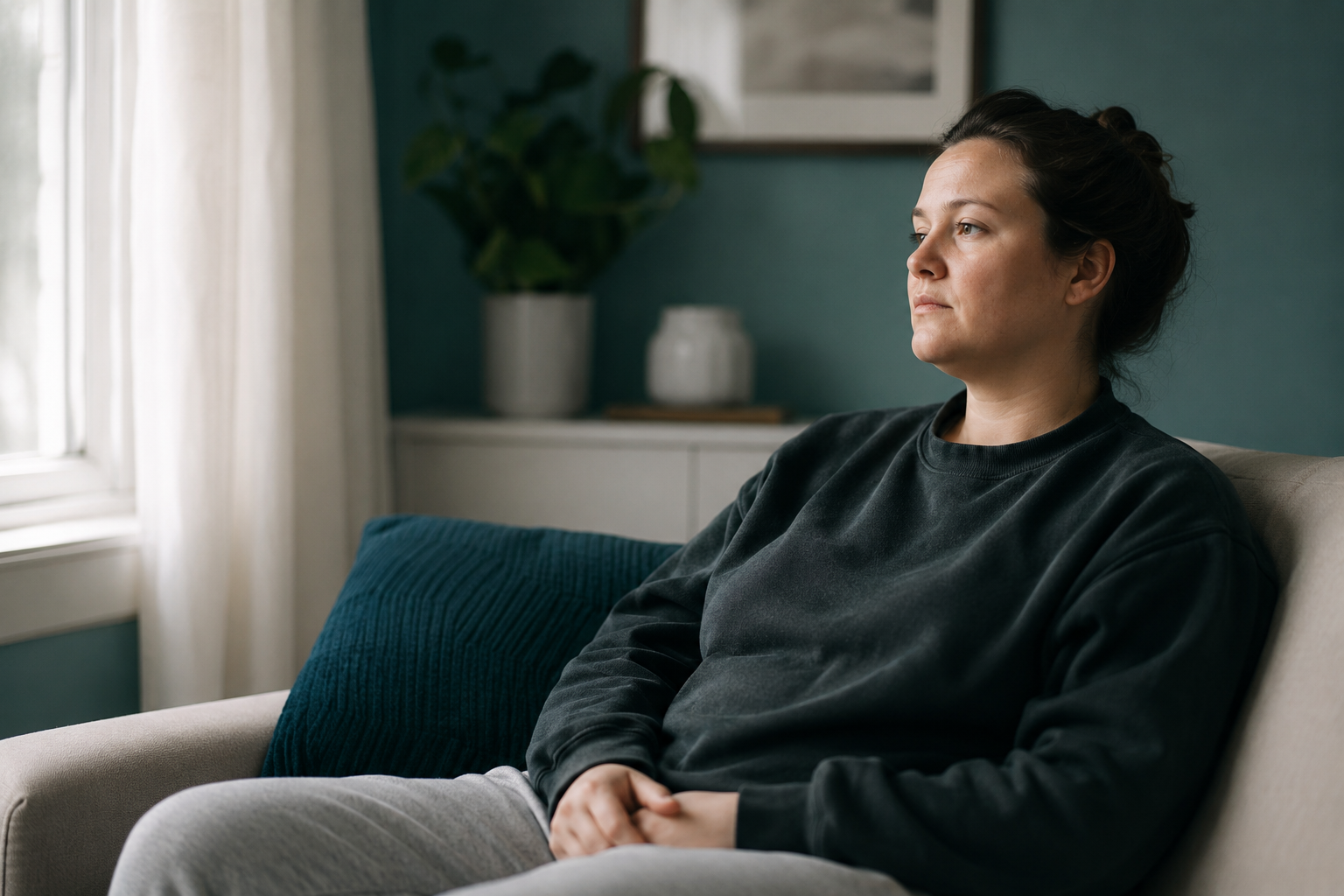 Adult sitting with a flat, disconnected expression, representing the emotional numbness and difficulty concentrating common in burnout