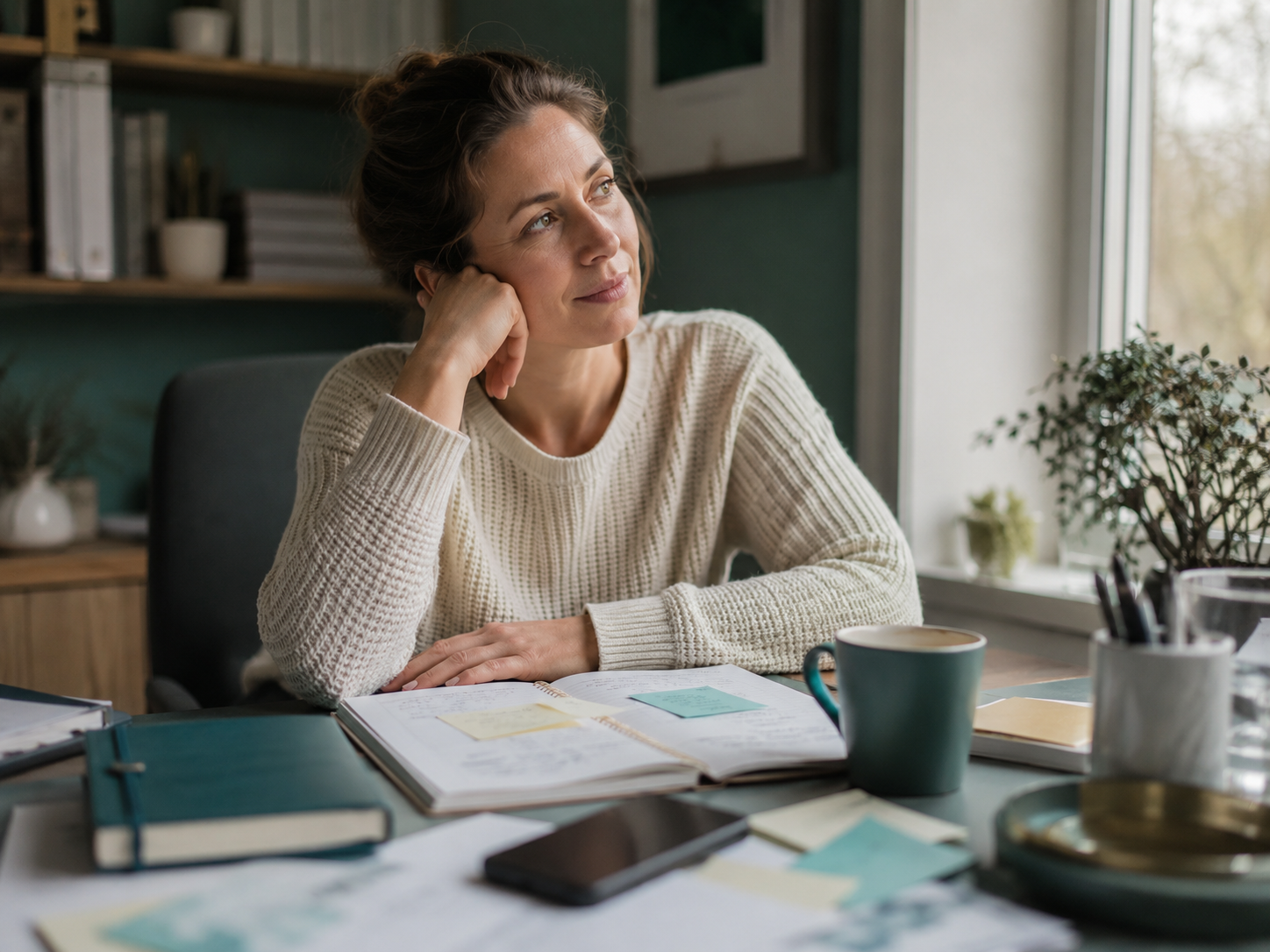 Adult at a desk with a planner and scattered notes, reflecting common adult ADHD symptoms like distractibility and difficulty prioritizing tasks