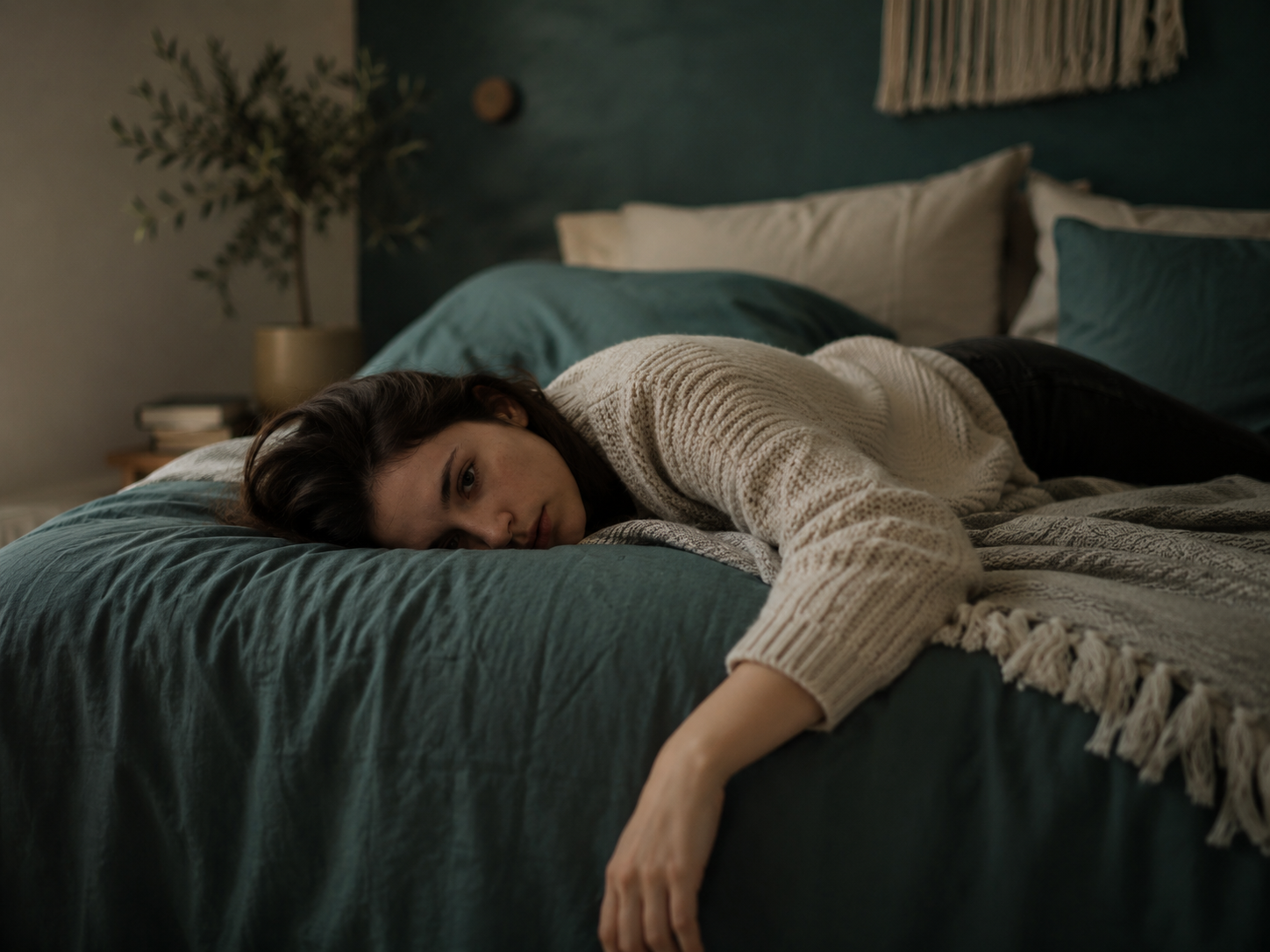 Adult lying down in daylight with a heavy, withdrawn posture, representing the physical fatigue and low motivation associated with depression