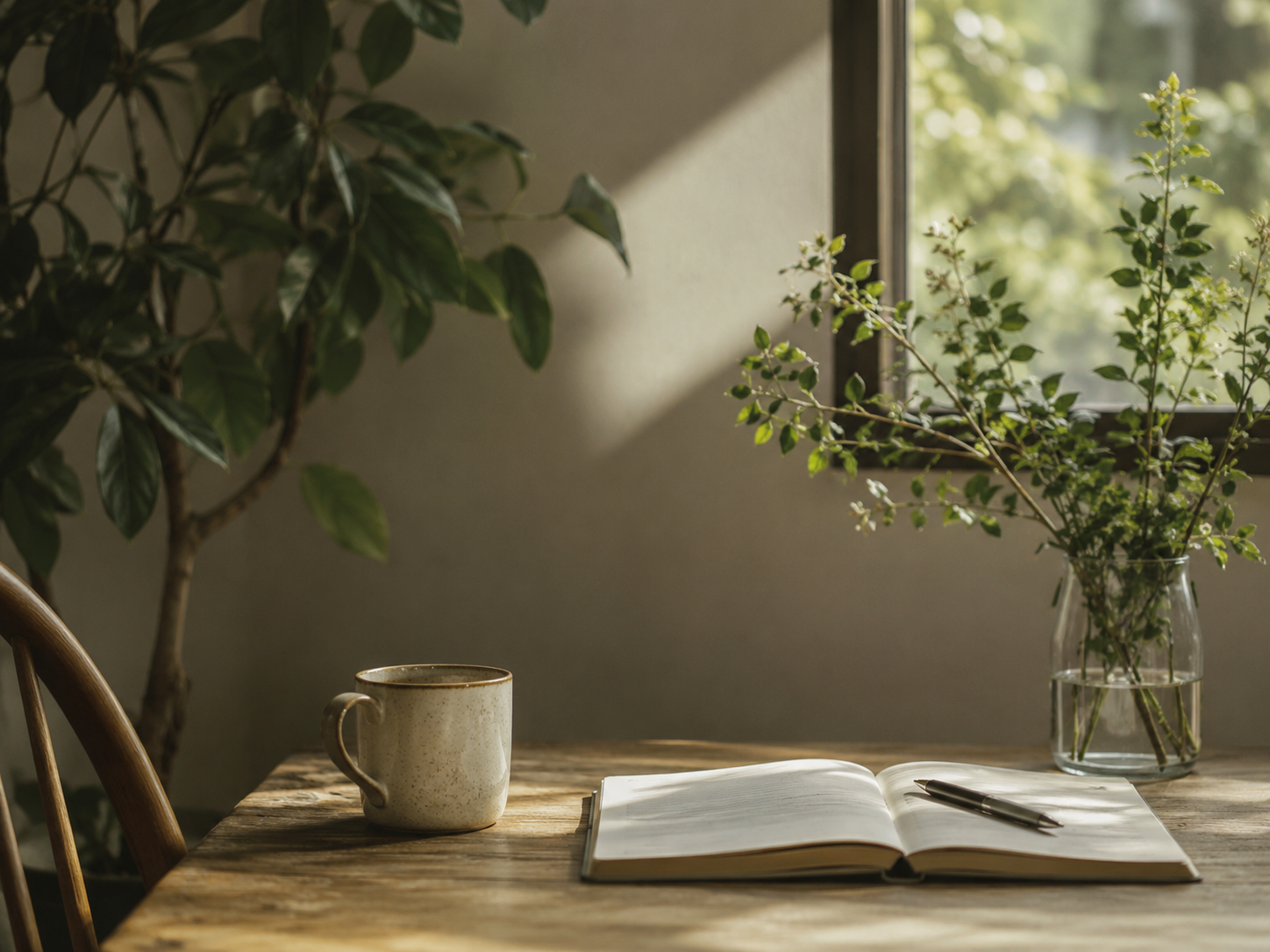 Warm, grounded scene with natural light and plants, representing an integrative approach to mental health