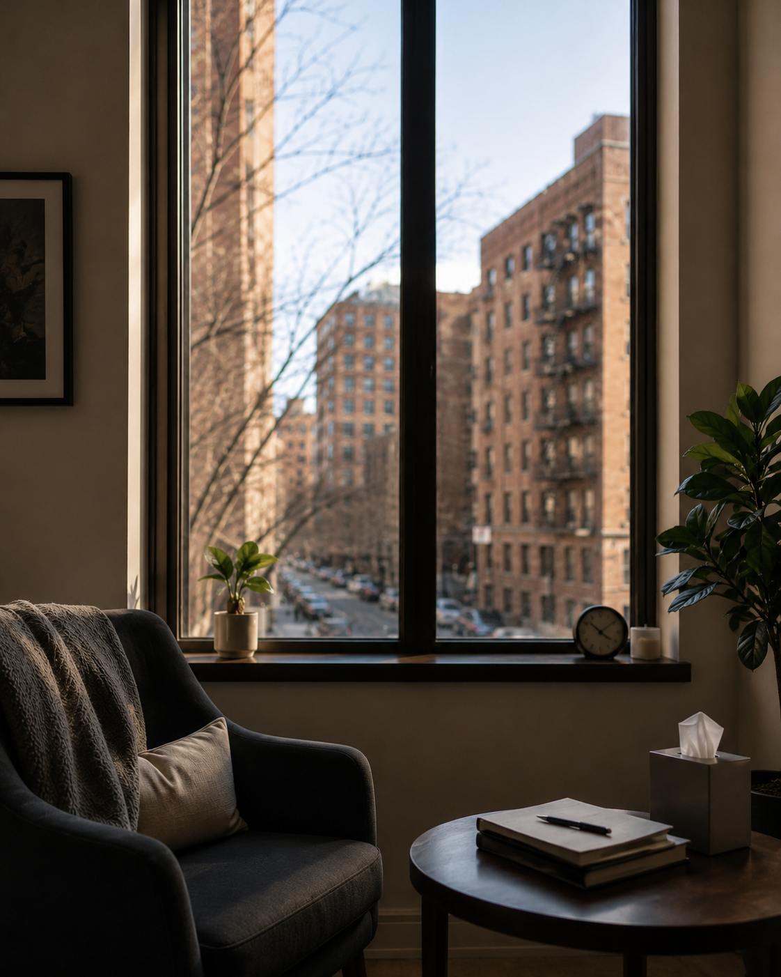 Established Chicago street lined with mid-rise brick buildings, representing the professional urban setting of Harborlight Psychiatric's in-person office