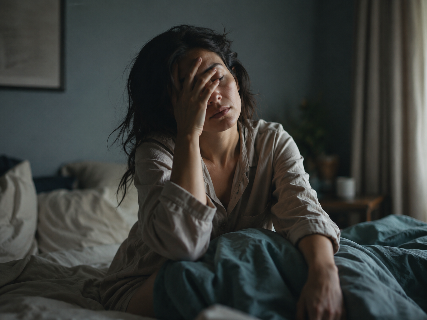 Adult lying in bed looking tired despite waking up, representing the persistent fatigue and disrupted sleep associated with burnout