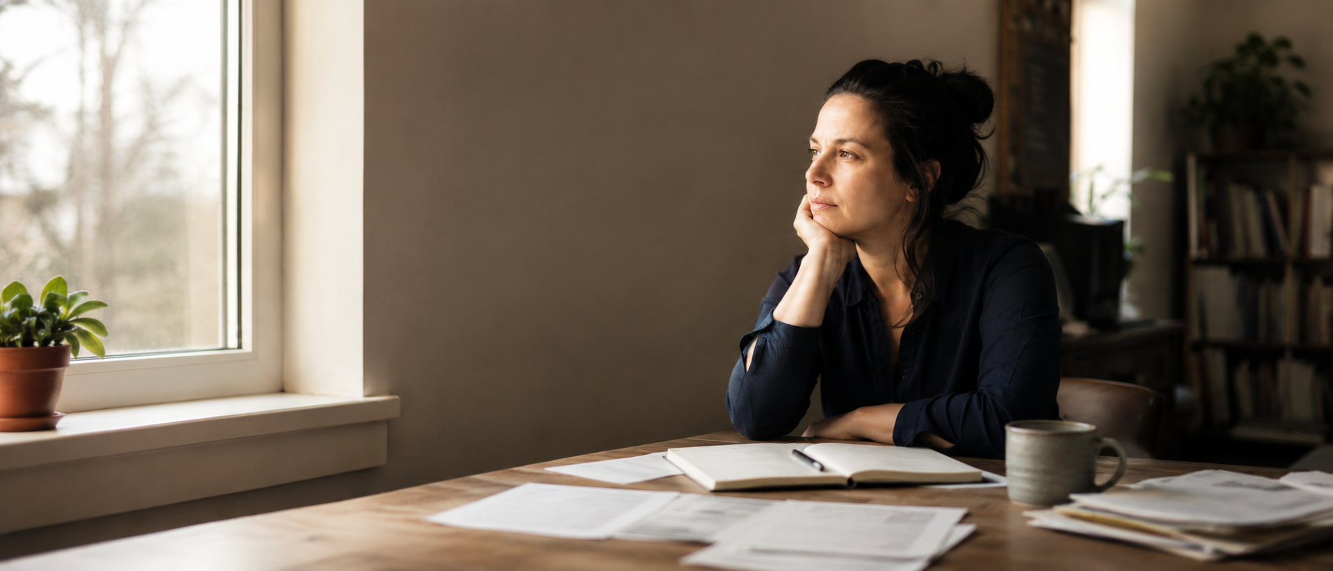 Adult looking thoughtfully out a sunlit window while seated at a desk, representing focus and clarity in adult ADHD care