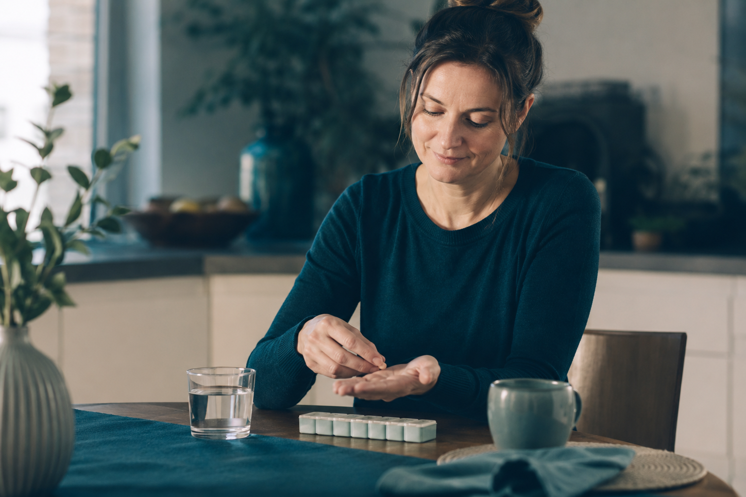 Adult at a kitchen table with a weekly pill organizer and water glass, representing medication management for adult depression treatment