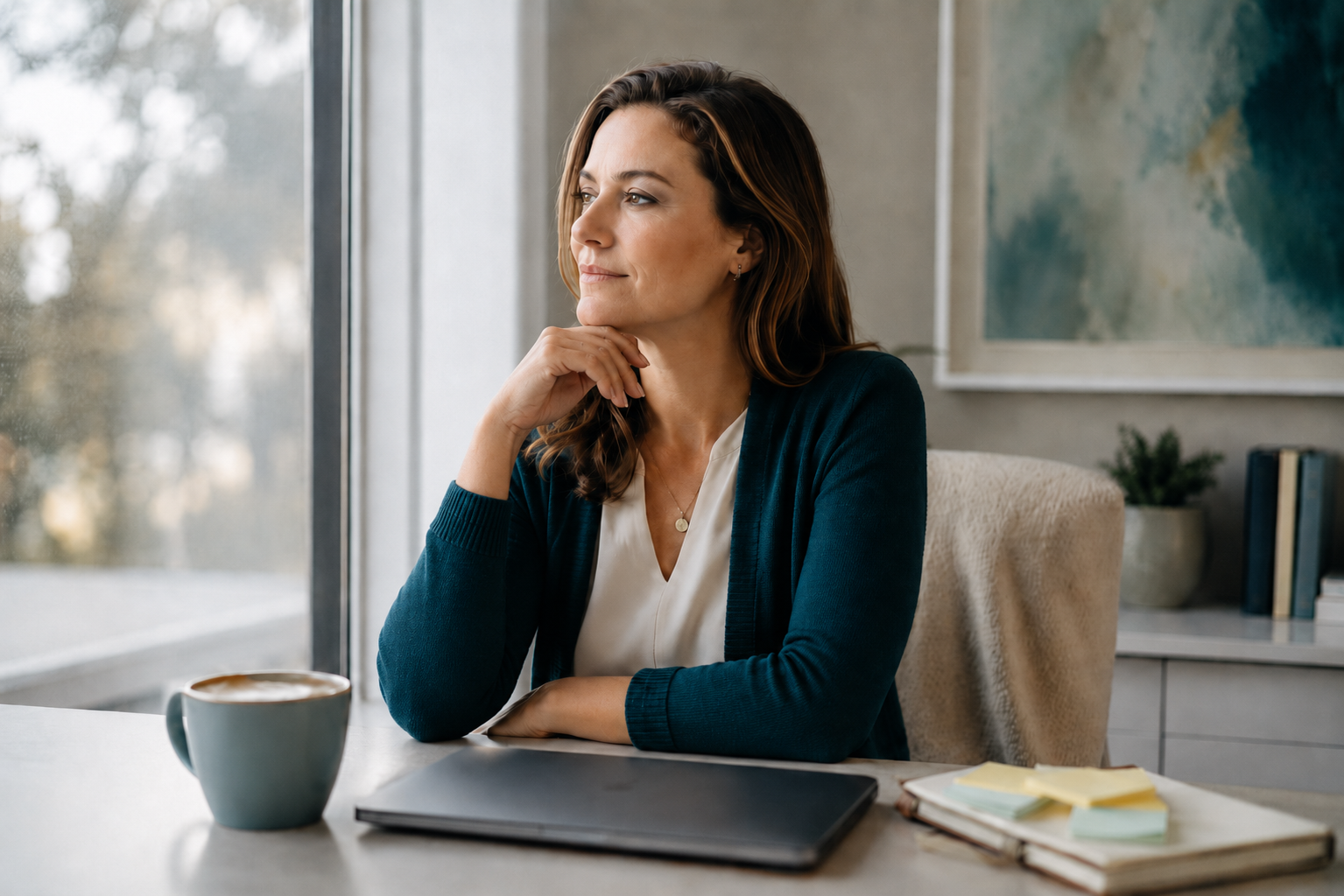 Professional adult woman pausing thoughtfully at her desk, reflecting the experience of high-achievers whose adult ADHD went undiagnosed for years