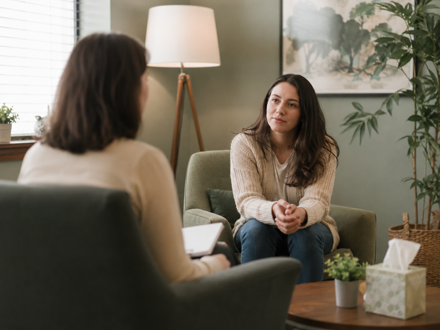 Provider and patient in an attentive conversation, representing individualized integrative psychiatric evaluation