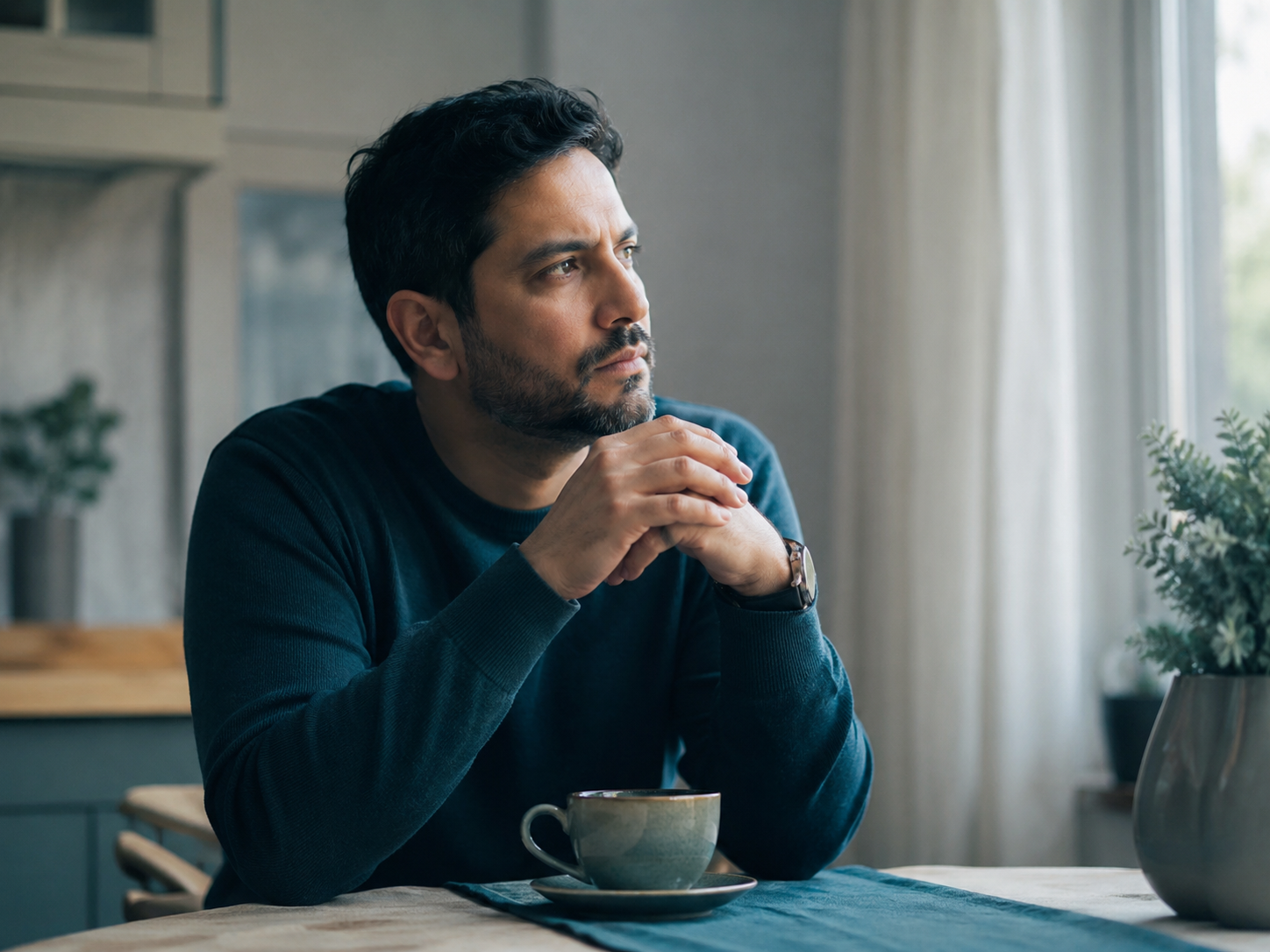 Adult sitting at a table with a distant, preoccupied expression, representing the racing thoughts and persistent worry of adult anxiety