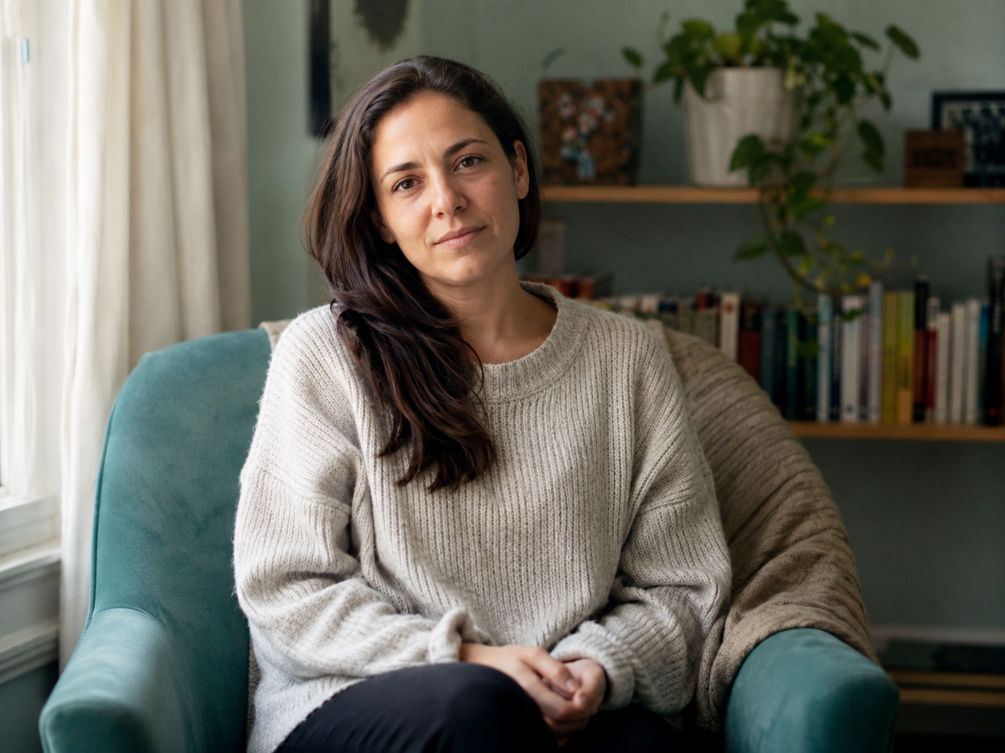 Person sitting quietly in warm natural light, representing unhurried whole-person psychiatric care