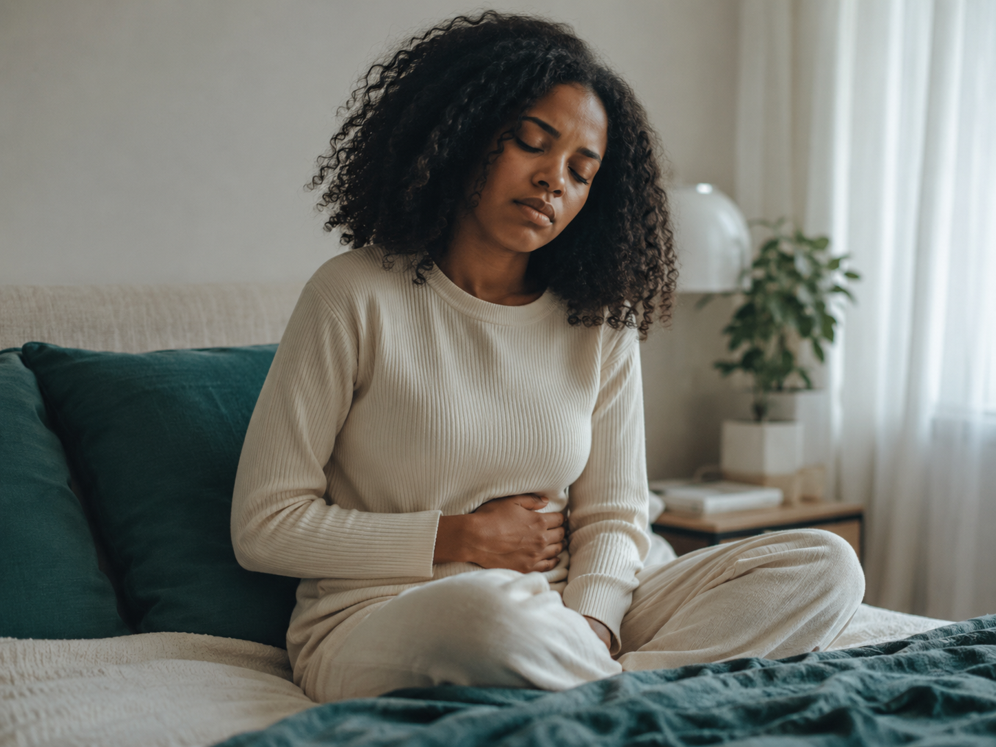 Woman sitting with a hand on her abdomen, representing the physical fatigue, bloating, and concentration difficulty common in PMDD