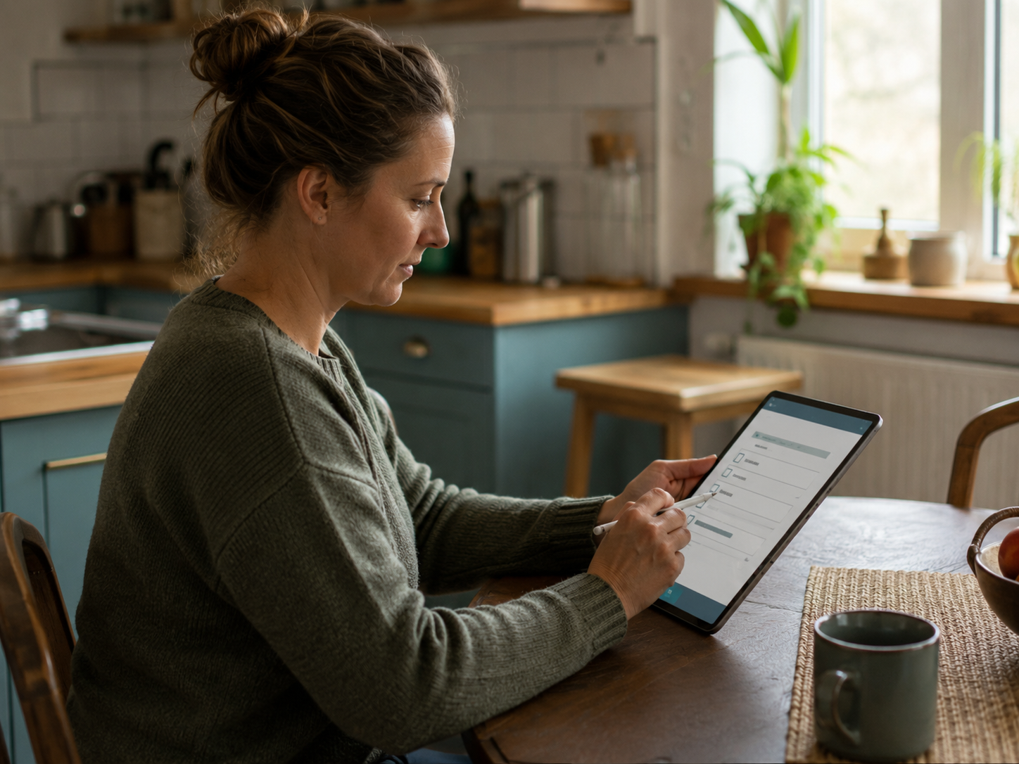 Person filling out a form on a tablet, representing the new patient registration process