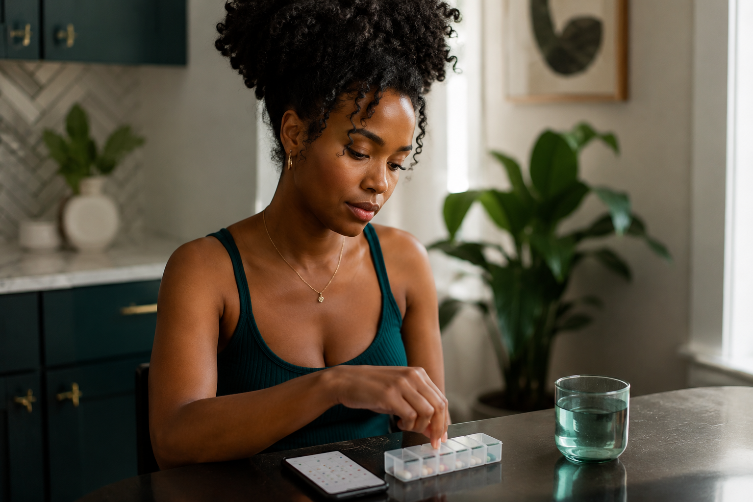 Woman with a pill organizer and calendar nearby, representing SSRI treatment for PMDD using continuous or luteal-phase dosing