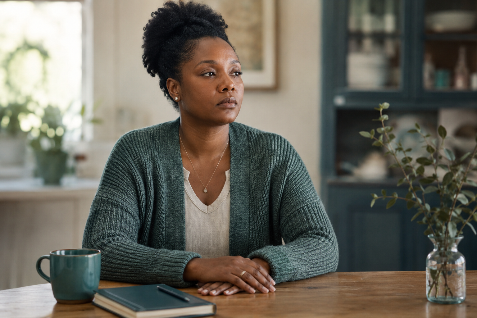 Adult sitting quietly at a desk with a distant, depleted expression, representing the quiet exhaustion of burnout despite still functioning day to day