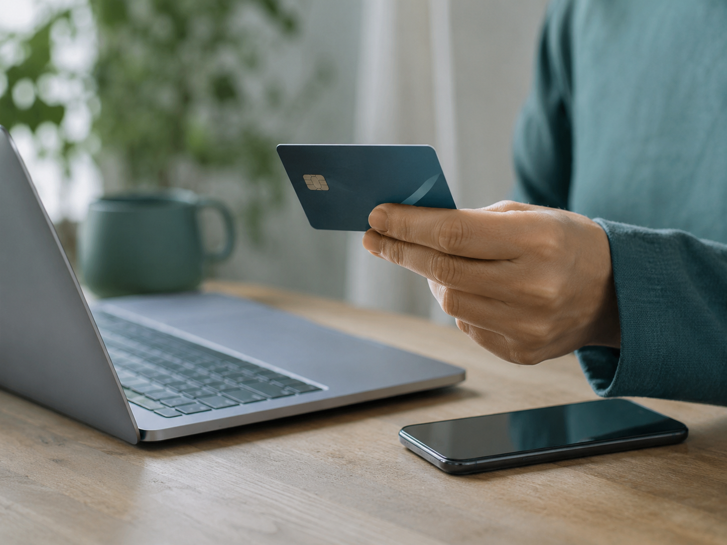 Hand holding a credit card near a laptop, representing secure card-on-file payment for psychiatric care