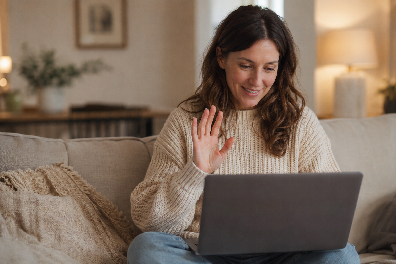 Woman attending a telehealth psychiatric appointment from home, reflecting Harborlight's Illinois telehealth follow-up care