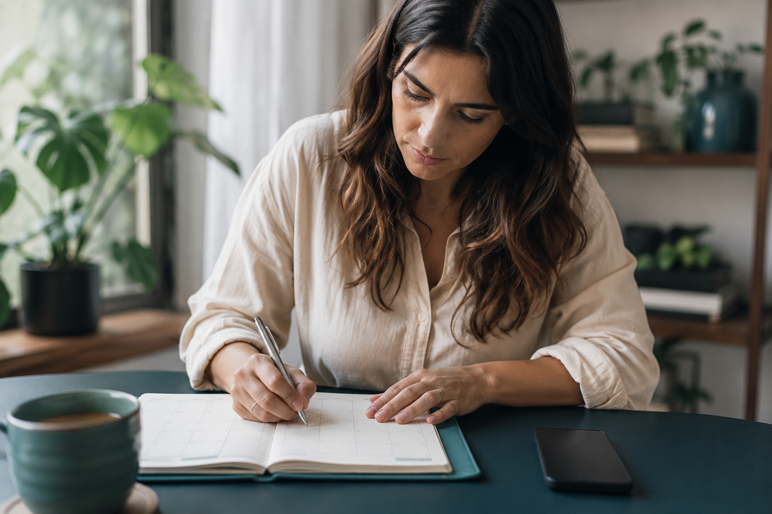 Woman tracking her cycle in a planner, representing the lifestyle and cycle-tracking approach used to identify and treat PMDD symptom patterns