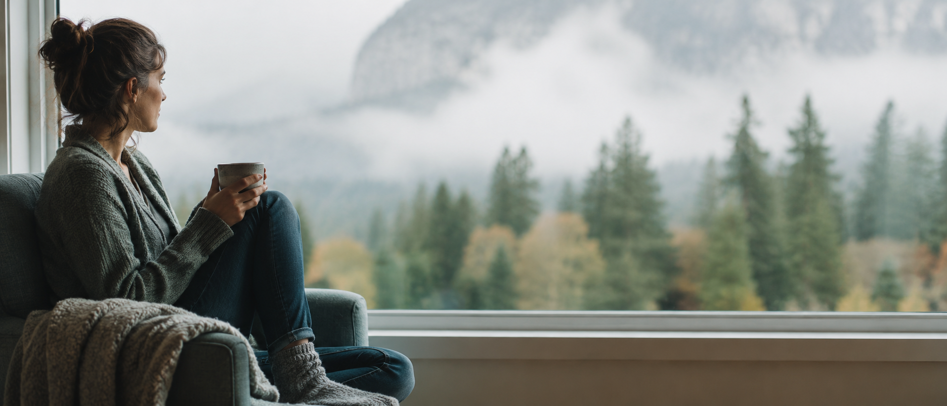 Person sitting calmly by a window with a warm drink, representing relief and calm in anxiety treatment