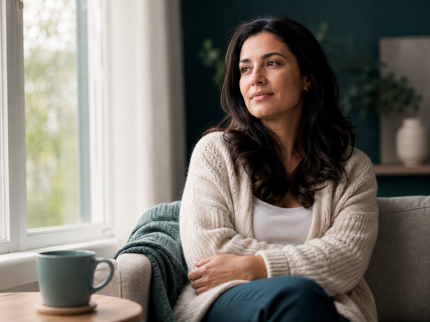 Woman sitting calmly by a window, representing the connection between hormonal patterns and mental health addressed in PMDD evaluation