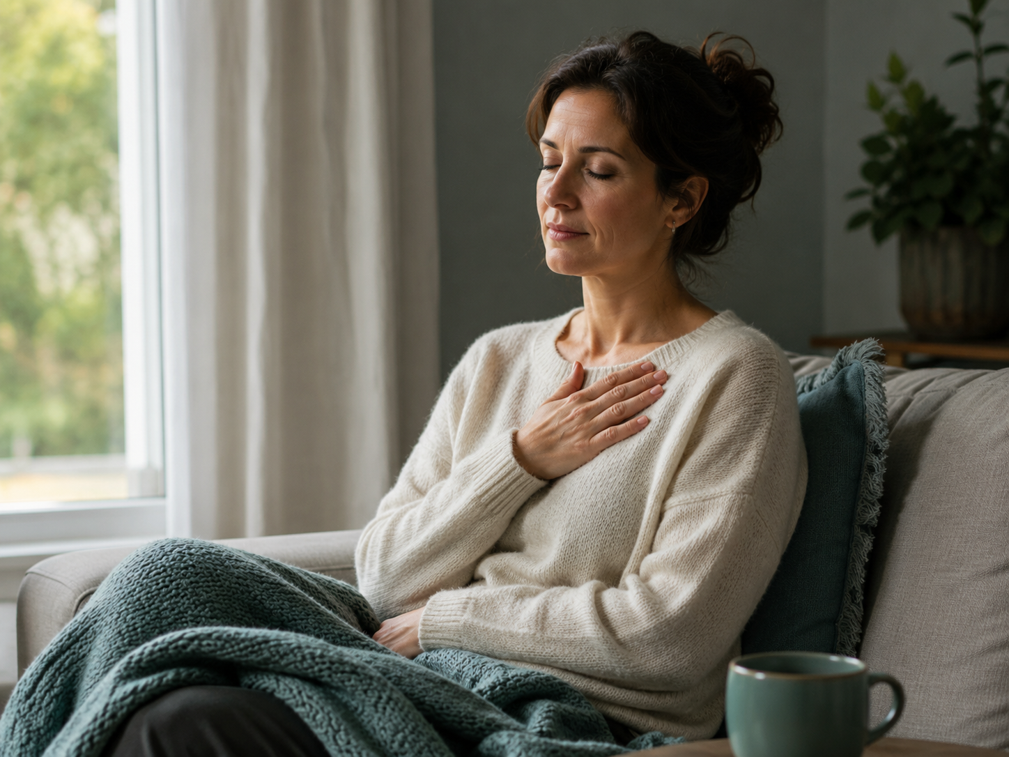 Adult sitting calmly with eyes closed and a hand on their chest, representing relief from constant worry through adult anxiety treatment
