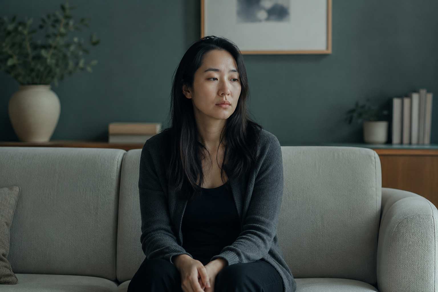 Adult sitting with a distant, flat expression, representing the persistent sadness and loss of interest common in depression
