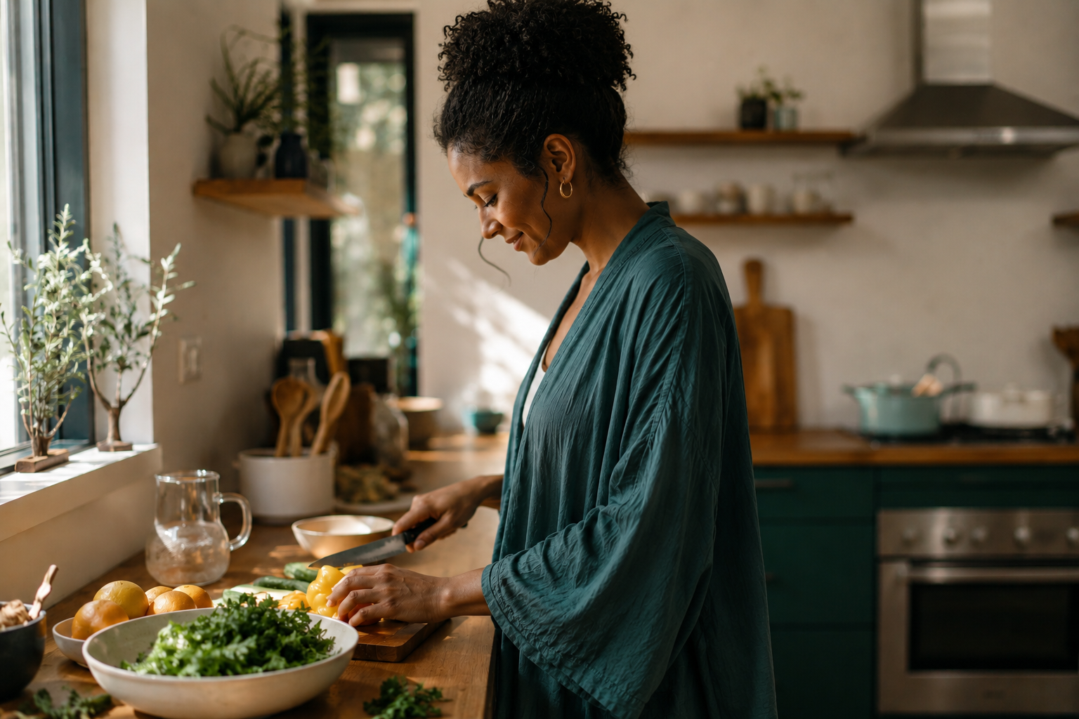 Adult preparing a meal in a sunlit kitchen, representing the lifestyle and structural support — sleep, nutrition, and movement — built into burnout treatment
