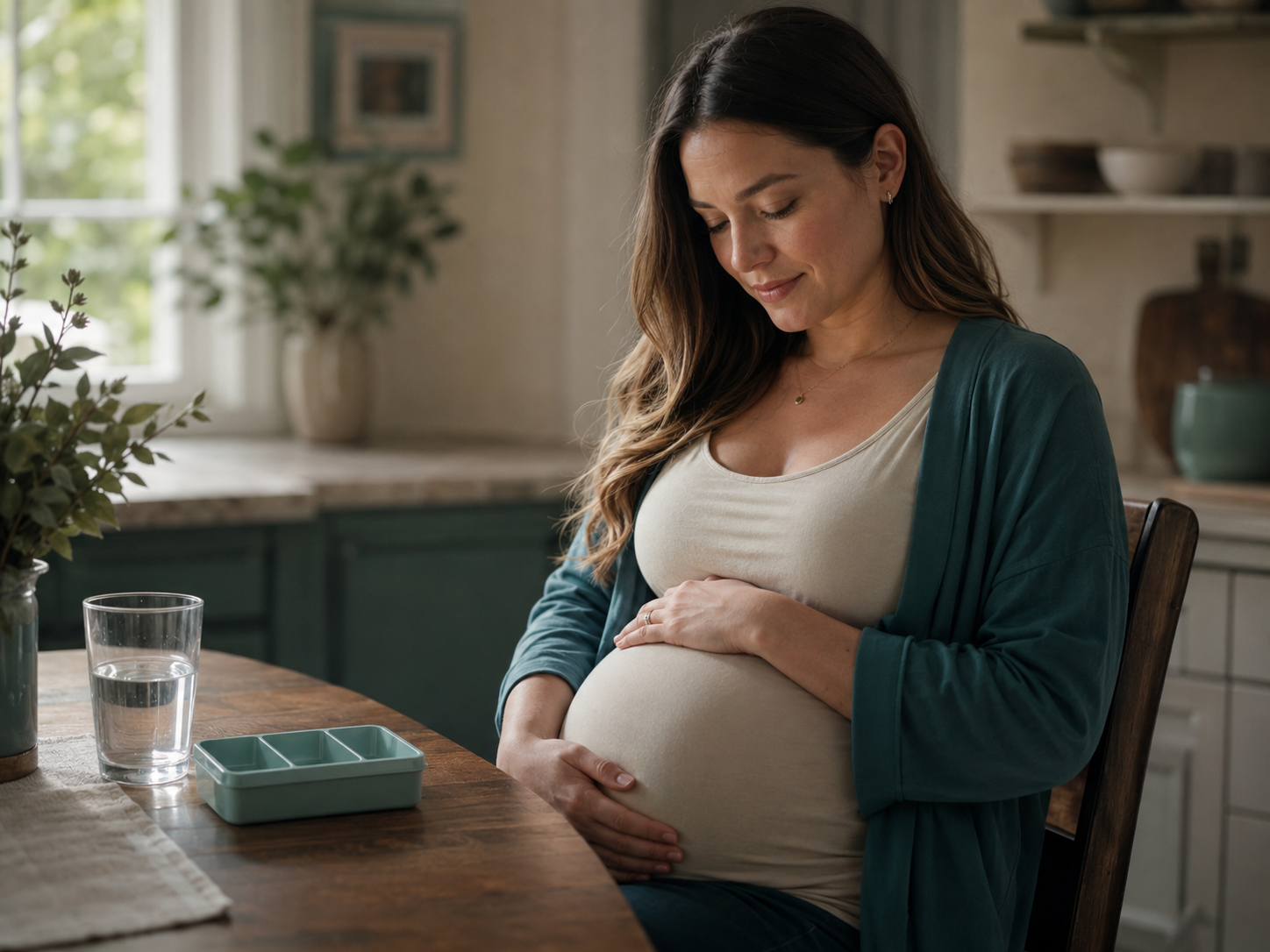 Pregnant woman sitting calmly with a hand on her belly and a pill organizer nearby, representing careful medication management during pregnancy and breastfeeding
