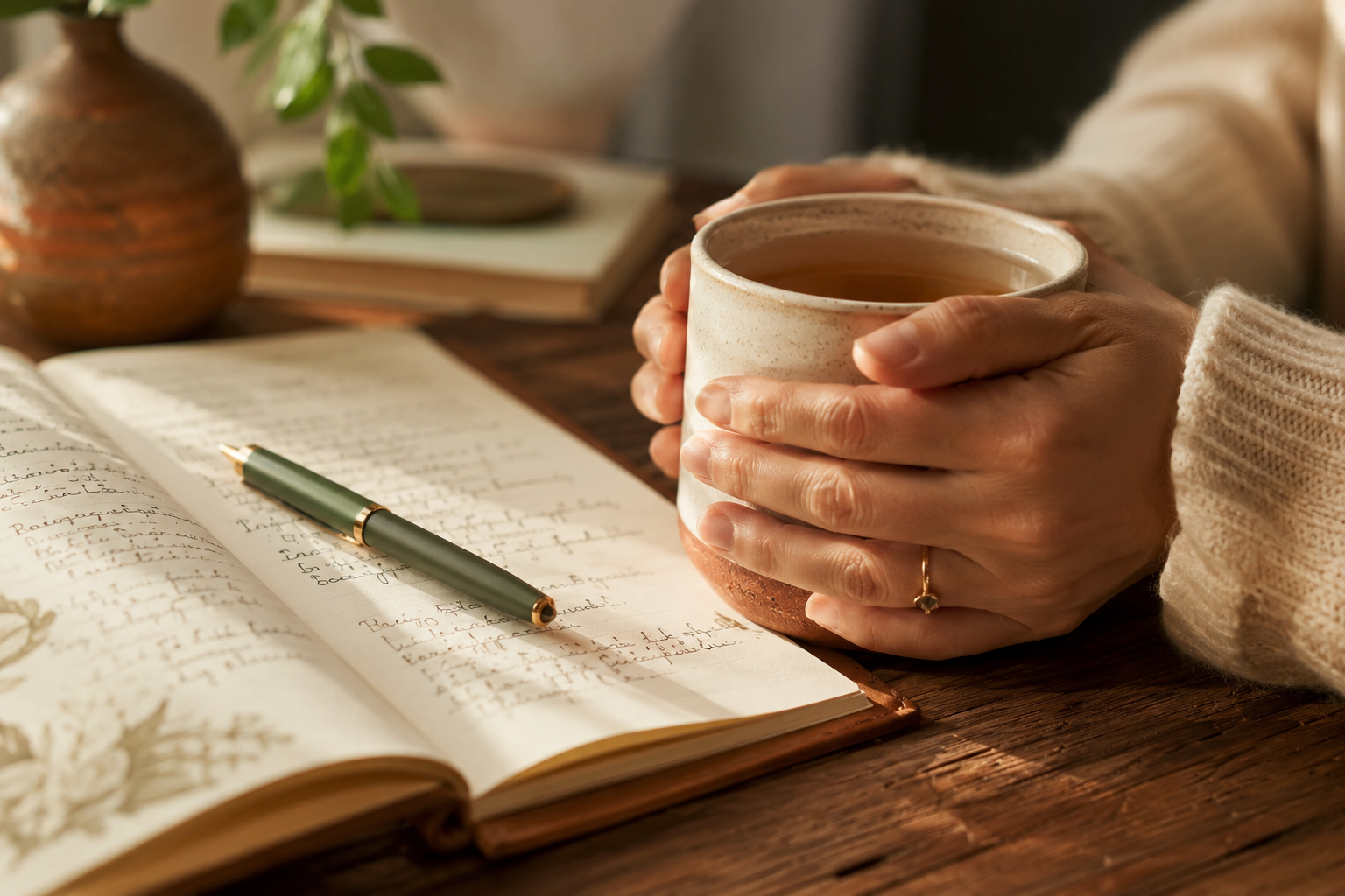 Hands holding a warm cup of tea beside a journal, representing Harborlight's functional and integrative approach to mental health