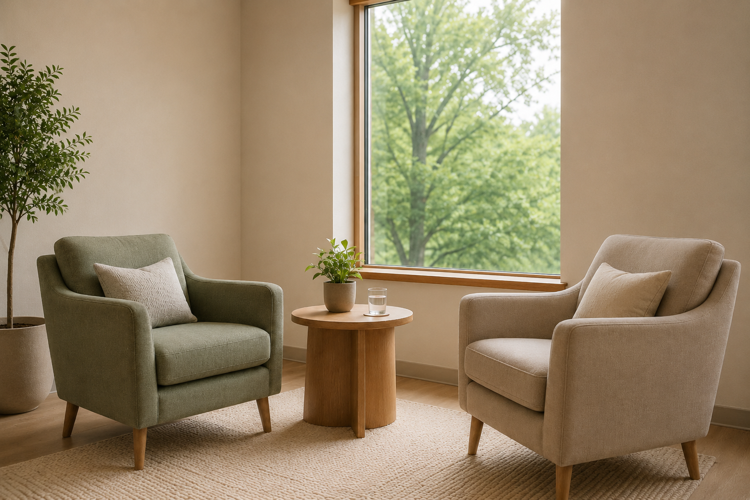 Calm, softly lit psychiatric office interior with two chairs, reflecting Harborlight's unhurried approach to care
